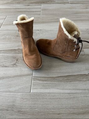 UGG Naiyah Chestnut Brown Suede Shearling Mid-Calf Boots, Size 8.5